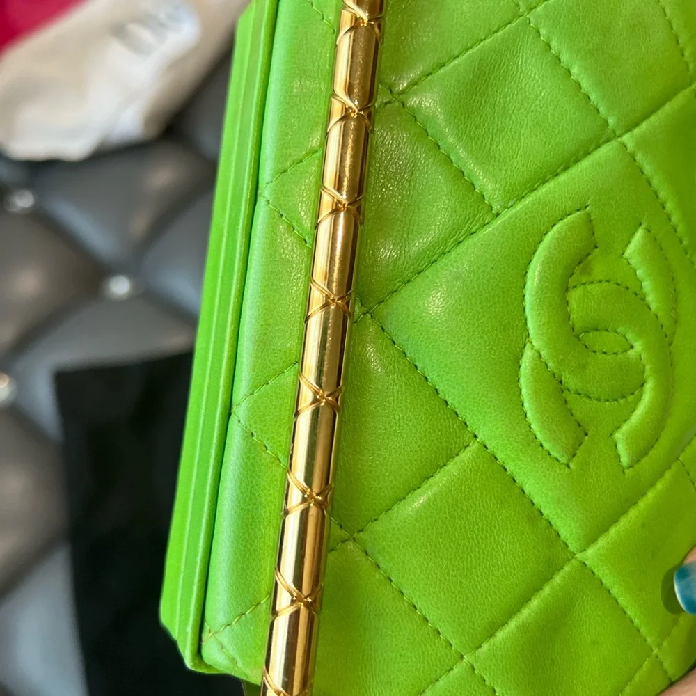 CHANEL Vintage Apple Green Quilted Mini Shoulder Bag with Gold Bar